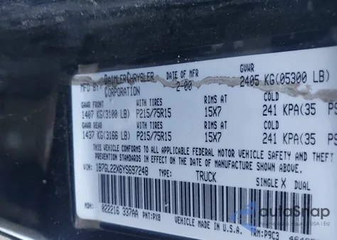 2000 Dodge Dakota Slt/Sport z USA, uszkodzony, nr VIN 1B7GL22X6YS697248